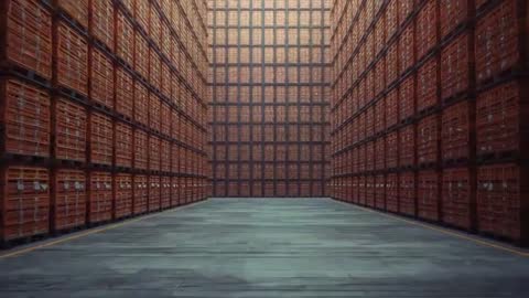 Endless Warehouse Aisle with Stacked Wooden Crates Creating Majestic View