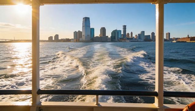 Ferry wake streaming across harbor toward city skyline at golden hour from aft deck