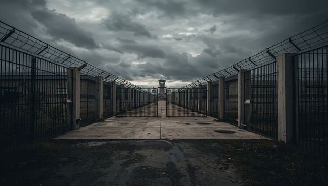 Industrial Perimeter Fence with Guard Tower and Barbed Wire