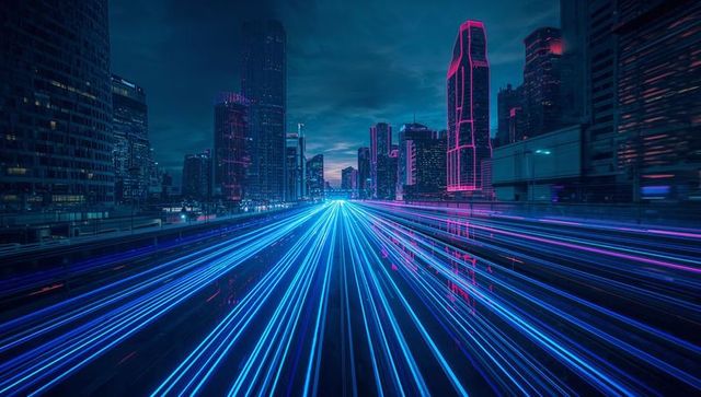 Futuristic metropolis with neon blue light trails at night