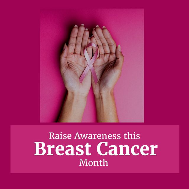 Cropped hands of biracial woman with pink ribbon, raise awareness this breast cancer month text. Copy space, digital composite, raise awareness, support, breast cancer awareness campaign.