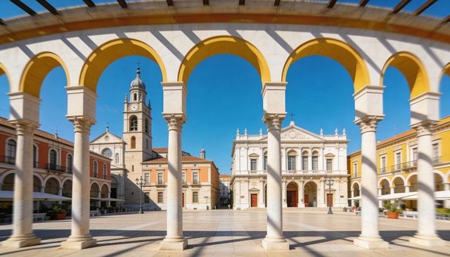 Sunlit italian piazza framing classical white civic palace through yellow arched colonnade