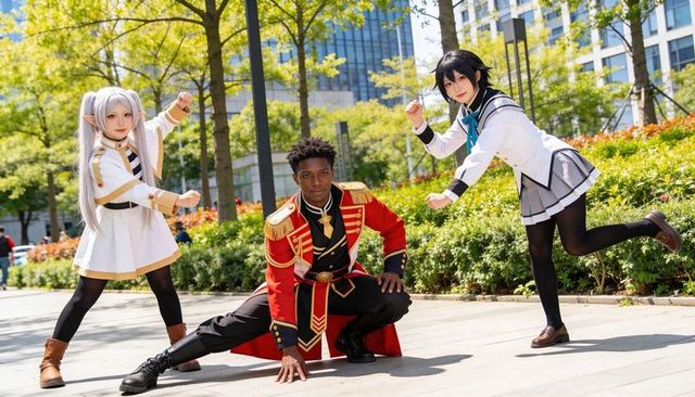 Posing cosplay trio in park, dynamic red military coat hero with fantasy school uniforms