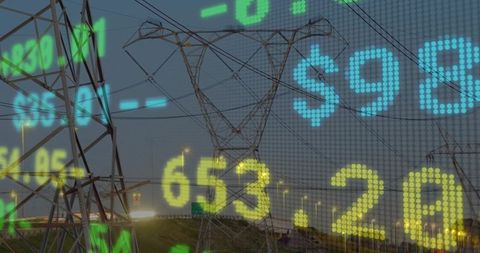 Energy Infrastructure and Stock Market Data Overlay at Dusk