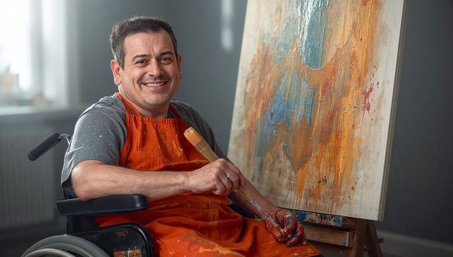 Wheelchair artist painting vibrant abstract canvas wearing orange apron and smiling