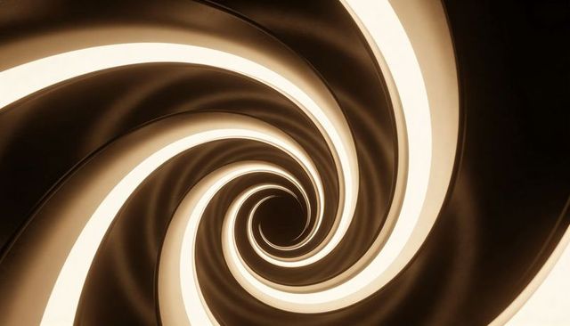 Sepia spiral vortex with glowing metallic ribbons drawing eye into central void