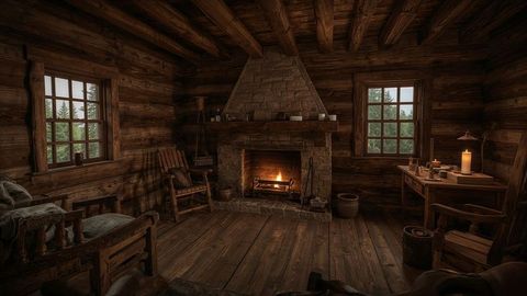 Cozy rustic log cabin with warm crackling stone fireplace