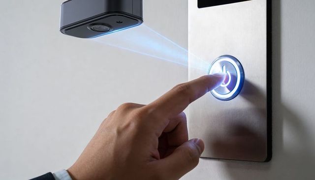 Business hand pressing illuminated power button on smart access panel with sensor beam
