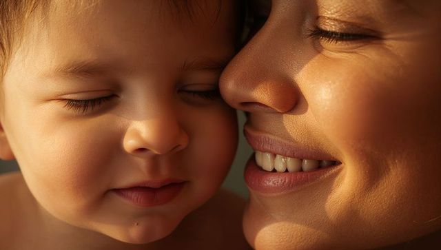 Smiling mother cuddling sleeping baby close-up in warm window light intimate bonding