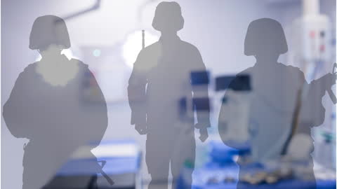 Silhouetted Soldiers Overlapping Surgery Scene Illustrating Modern Military