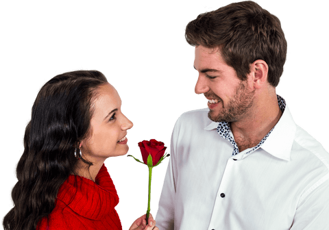 Smiling Couple Sharing Romantic Moment with Rose on Transparent Background