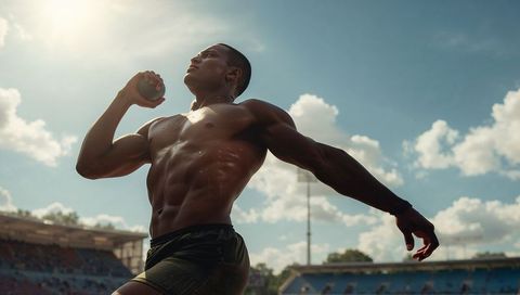 Sunlit shot put athlete preparing throw in stadium, muscular male powering launch