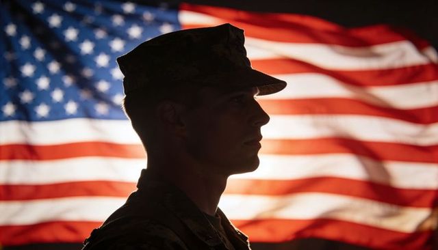 Soldier silhouette standing before american flag in dramatic backlight