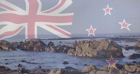 Rocky Shoreline of New Zealand with Flag Overlay