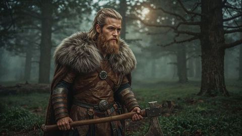 Heroic viking warrior with axe in mystical forest setting