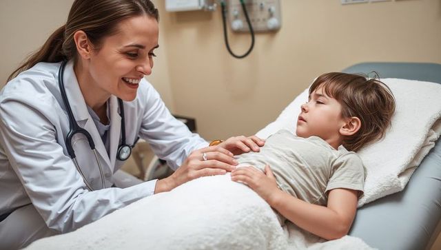 Smiling pediatrician examining child on exam table during gentle abdominal check