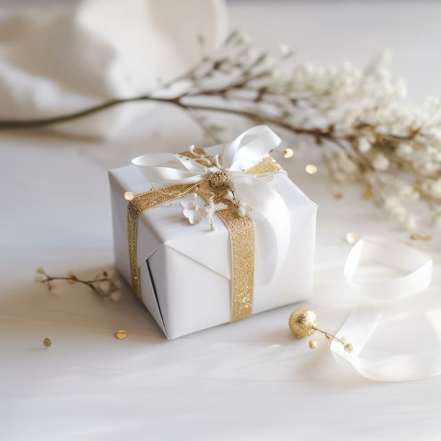 Close up of white gift with ribbon on white background, created using generative ai technology. Gift, present, giving and celebration concept digitally generated image.