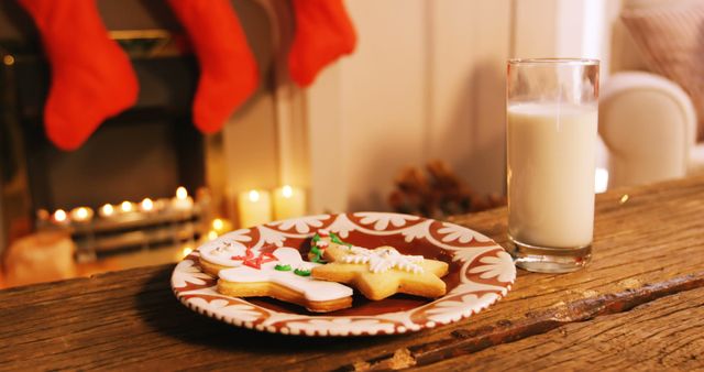 Gingerbread cookies with a glass of milk on wooden table during christmas time 4k