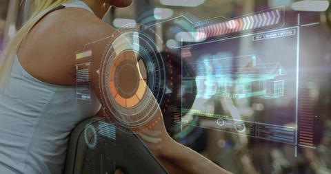 Woman interacting with holographic fitness hud while training on gym bench