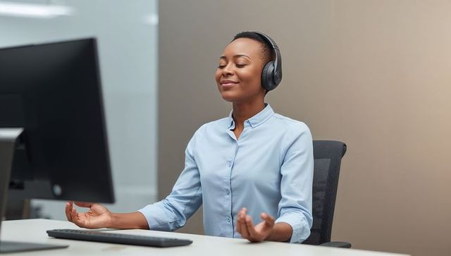 Relaxing professional woman meditating at office desk with headphones and computer