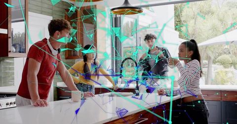 Young adults collaborating in modern kitchen with augmented reality overlay