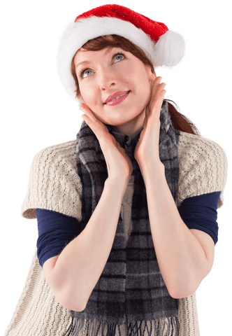 Joyful woman in santa hat posing with transparent background