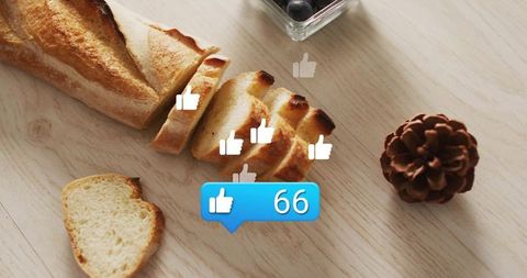 Sliced baguette with thumbs-up icons and social media commentary