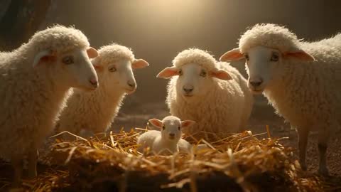 Sheep Familial Bonding Under Soft Light in Farm Setting