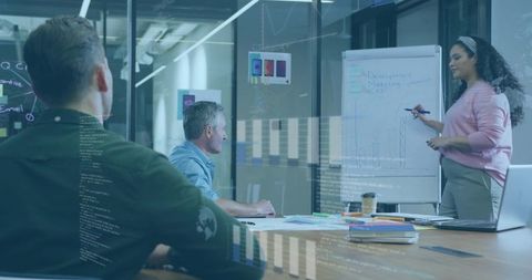 Woman Leading Team Brainstorming and Strategy Presentation in Modern Glass Conference Room