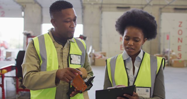 African american male and female workers with clipboard talking in warehouse. global business, shipping and delivery.