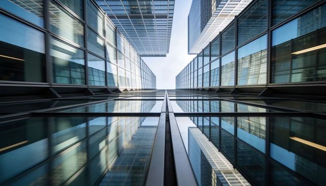 Glass facade reflections creating symmetrical vertical perspective in city skyline