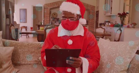 Santa La use Mask working From Living Room During Snowfall