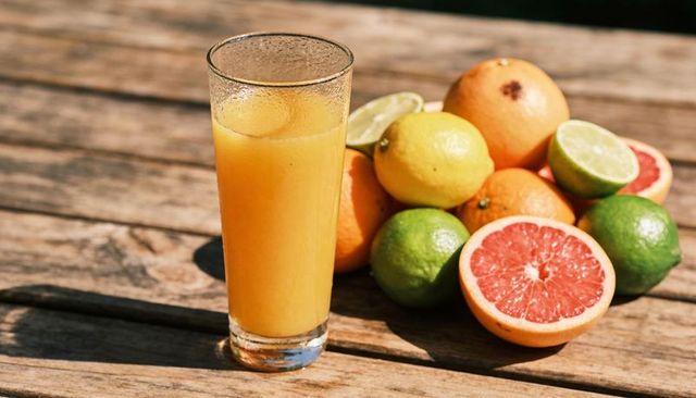 Dewy orange juice glass standing with halved grapefruit and limes on rustic wooden table