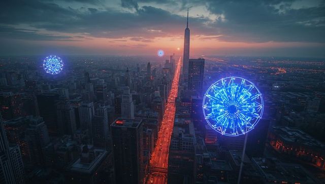 Urban skyline with futuristic holographic spheres at sunset