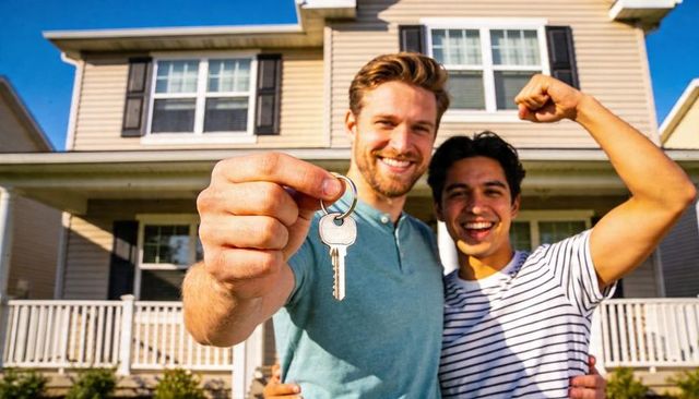 Two men celebrating new home holding key on sunlit porch of suburban house