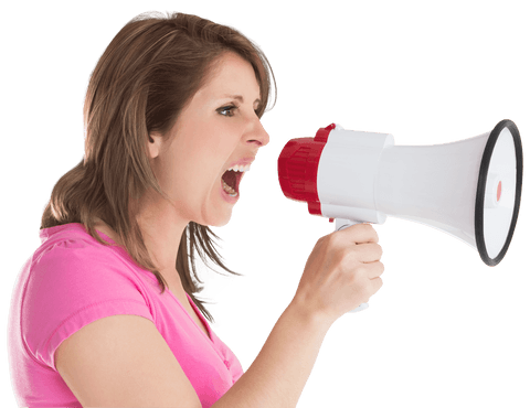Caucasian woman shouting with loudspeaker on transparent background