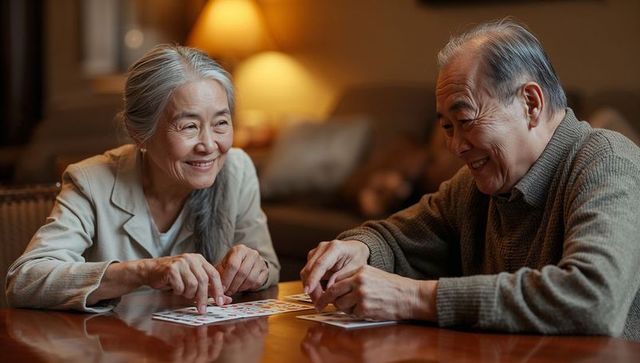 Senior couple playing card game and laughing in cozy living room at evening with warm lamp glow