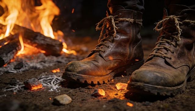 Worn leather hiking boots standing by campfire with glowing embers and frayed laces