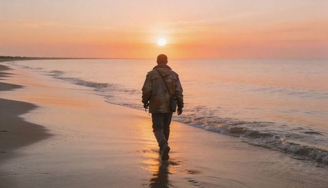 Man walking along sunset beach in weathered jacket and boots carrying crossbody bag