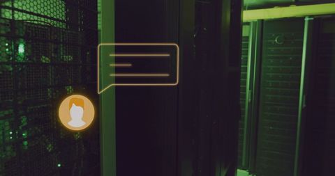 Digital communication icons over server room technology