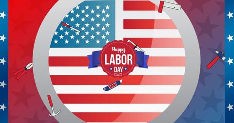 Illustration features a 'Happy Labor Day' message prominently displayed over an abstract American flag design, surrounded by various hand tools like a wrench and hammer. Ideal for use in promoting Labor Day events, highlighting American craftsmanship, or emphasizing patriotism and unity in design projects and social media posts.