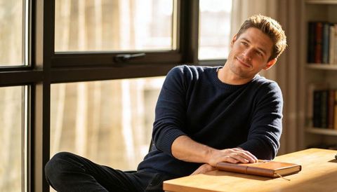 Man in navy sweater relaxing by window with leather journal on warm wooden desk