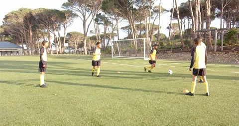 Soccer players collaborating in team practice session on sunny field
