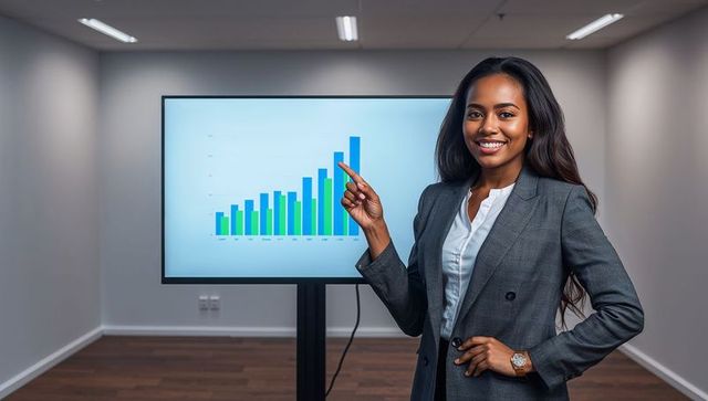 Confident female executive presenting rising bar chart on screen in modern boardroom