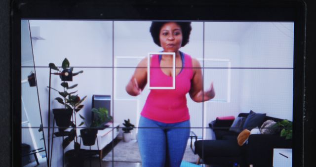 African American Woman Exercising in Living Room, Displayed on Camera Screen - Download Free Stock Images Pikwizard.com