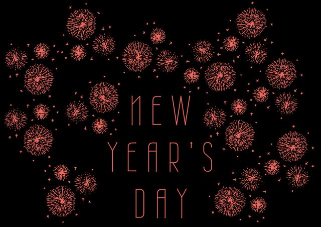 Red fireworks pattern over black background framing 'New Year's Day' message. Perfect for holiday greeting cards, announcements, New Year party invitations, festive posters, and social media posts.