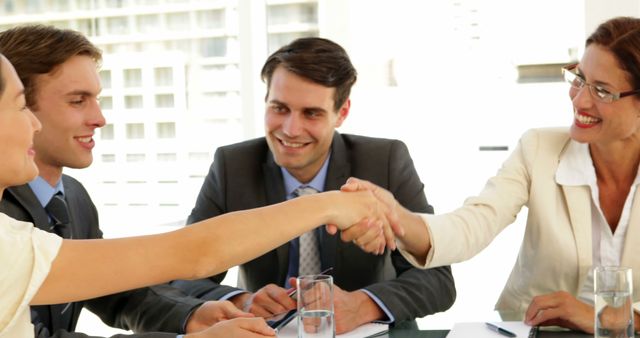 Colleagues in formal business attire engage in successful meeting with handshake. Ideal for corporate websites, business presentations, and teamwork-related content.