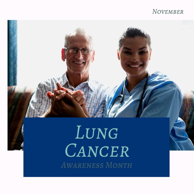 Image of lung cancer awareness month over happy diverse female doctor and senior patient. Health, medicine and cancer awareness concept.