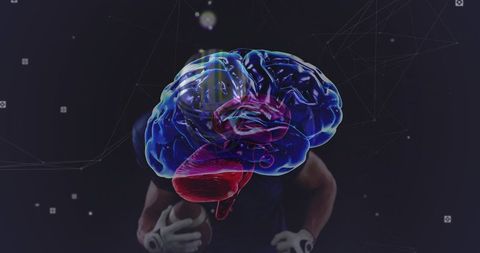Holographic Brain Hovering Over Football Player Highlighting Concussion Risk