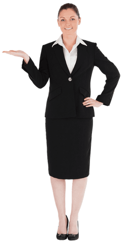 Businesswoman in black suit gesturing transparent copy space